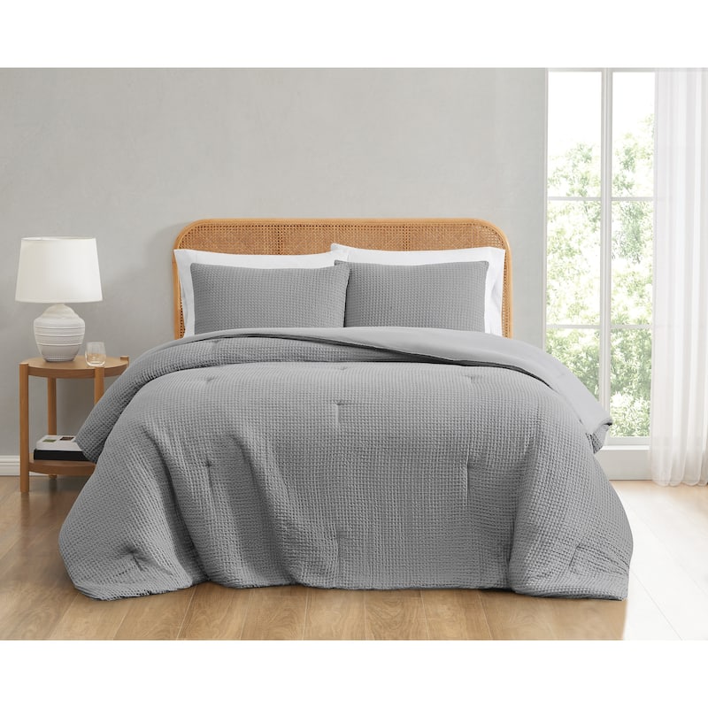 Truly Soft Textured Waffle Comforter Set - Grey - King - 3 Piece
