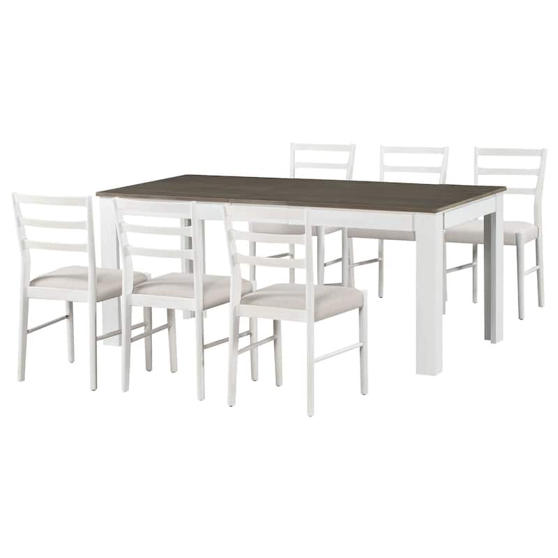 7-Piece Wooden Extendable Dining Table Set with 12" Leaf and 2 Drawers, 6 Chairs