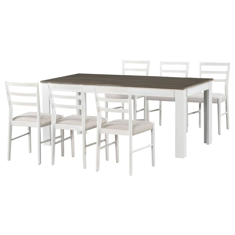 Brown+White Rustic 7-Piece Wooden Dining Table Set with 6 Chairs & Extendable Table