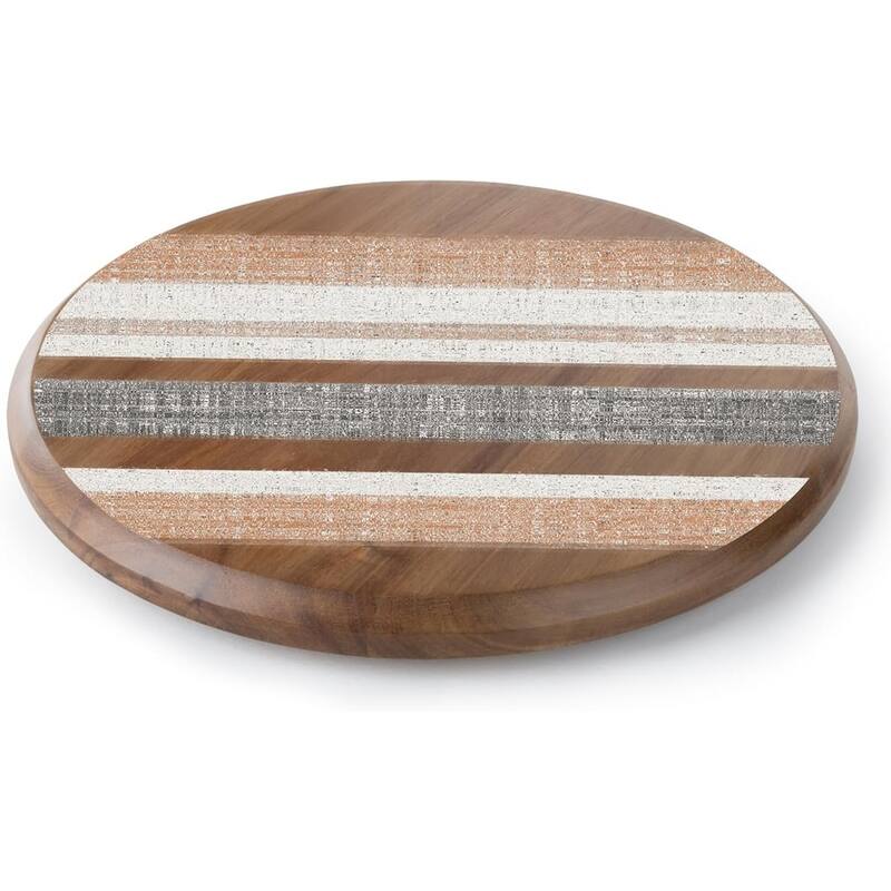 Wide Stripes Round Acacia Wood Lazy Susan Turntable 14" Diameter for Serving Kitchen Organization Condiment Caddy - Multi