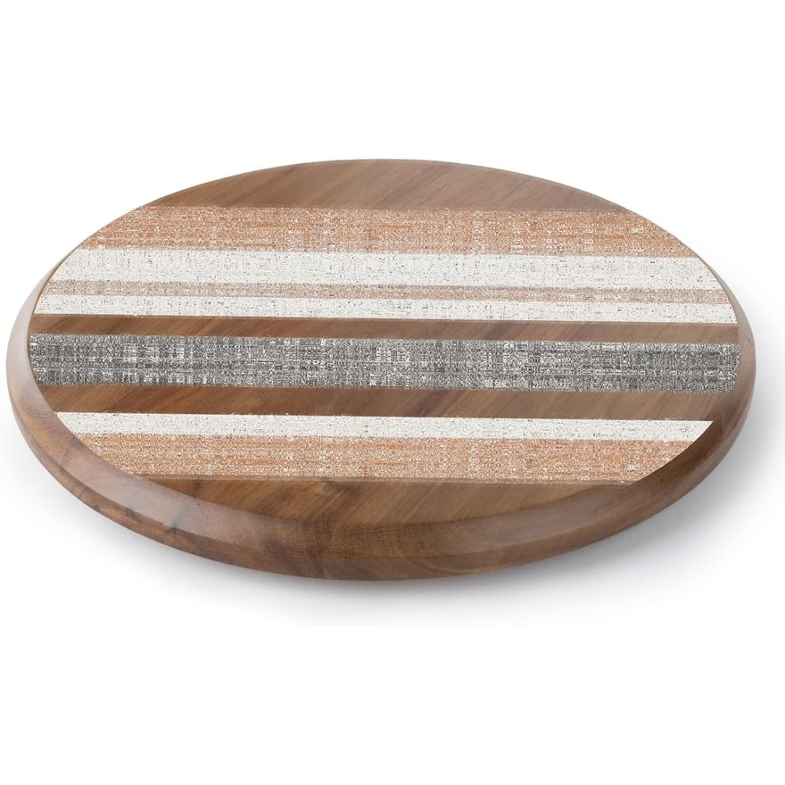 Wide Stripes Round Acacia Wood Lazy Susan Turntable 14" Diameter for Serving Kitchen Organization Condiment Caddy