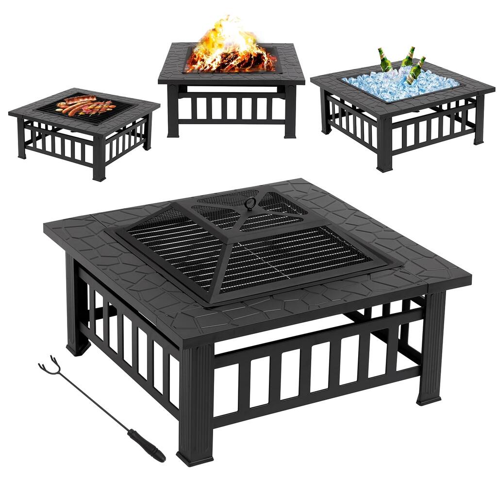SUGIFT 32" Outdoor Fire Pit Metal Square Fire pit Patio Garden Stove with Cover