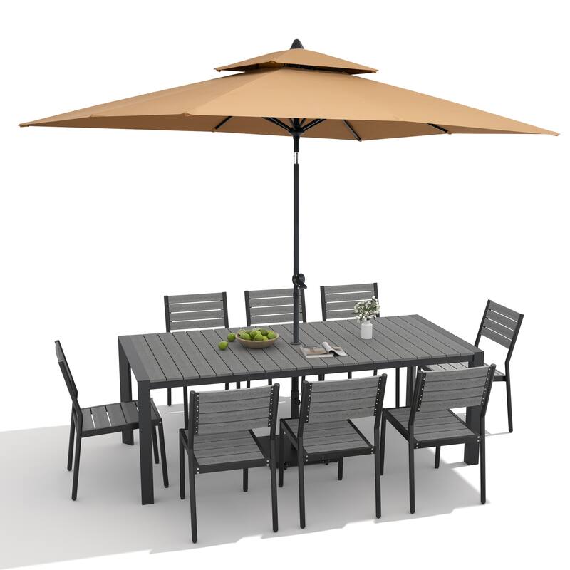9/11-Piece Outdoor Dining Set Aluminum Table and Stackable Chairs w/10 ft Umbrella and Base