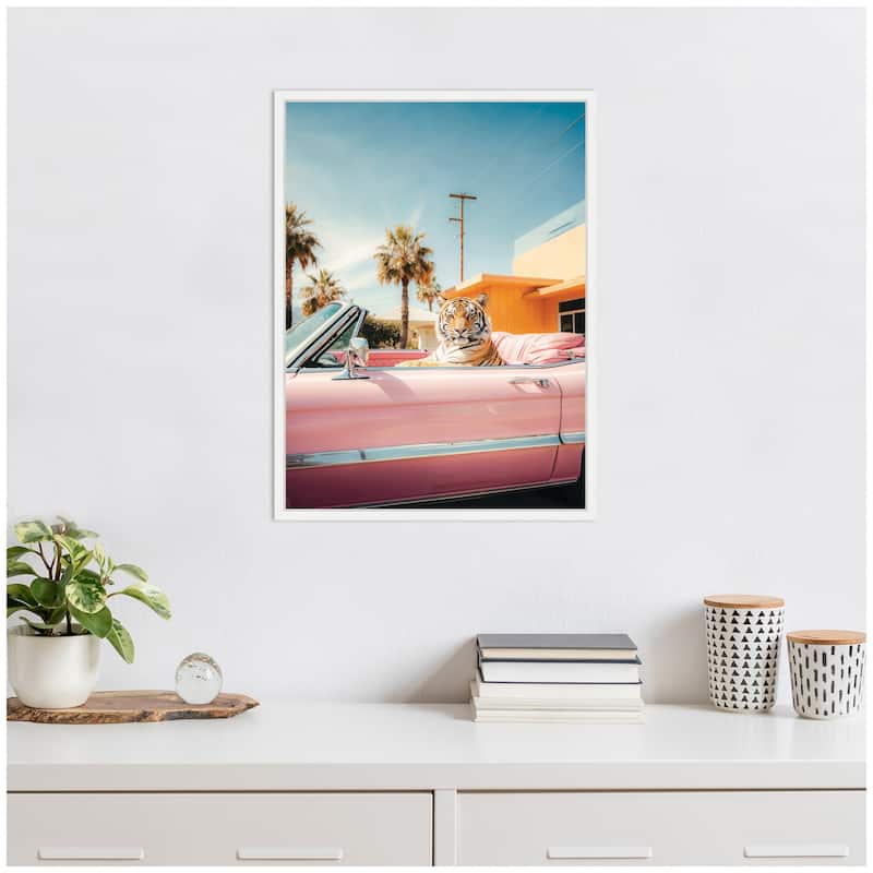 Kate and Laurel Cool Tiger Sitting in a Pink Classic Car by Michael Schauer Framed Canvas Wall Art Print