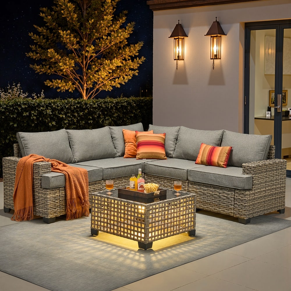 OVIOS 6 Pieces T shaped Seat Wide Armrest Set With Solar-Powered Coffee Table