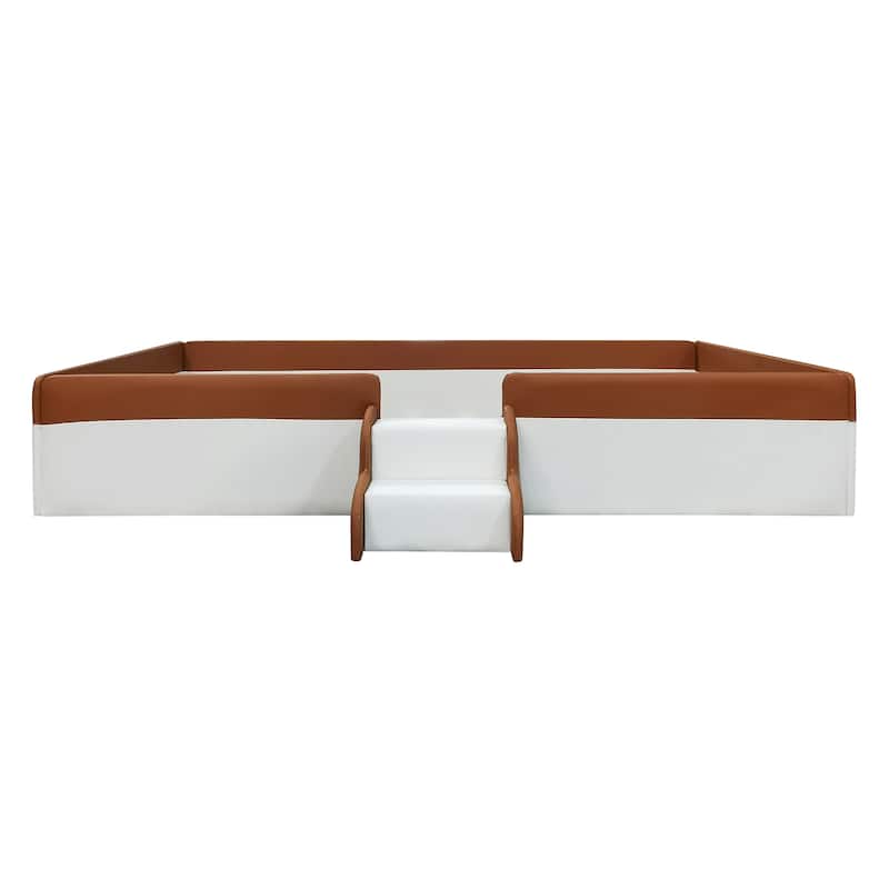 Twin Size Upholstered Daybed Frame with Fence and Stairs,(BROWN+WHITE)