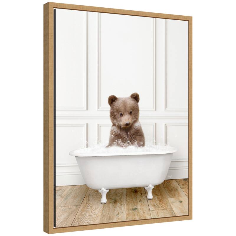 Kate and Laurel Sylvie Bear Cub in Traditional Vintage Bathtub Framed Canvas by Amy Peterson - Natural