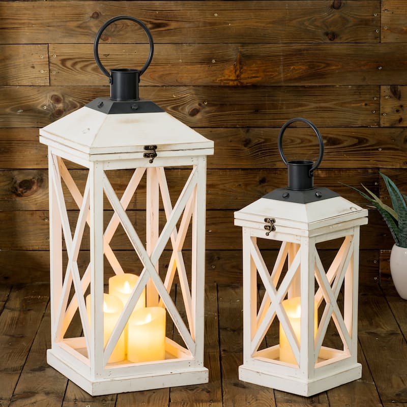 Glitzhome Set of 2 Farmhouse Wooden Lantern Hanging Candle Holders Fall Wedding Decor - 24"+17"