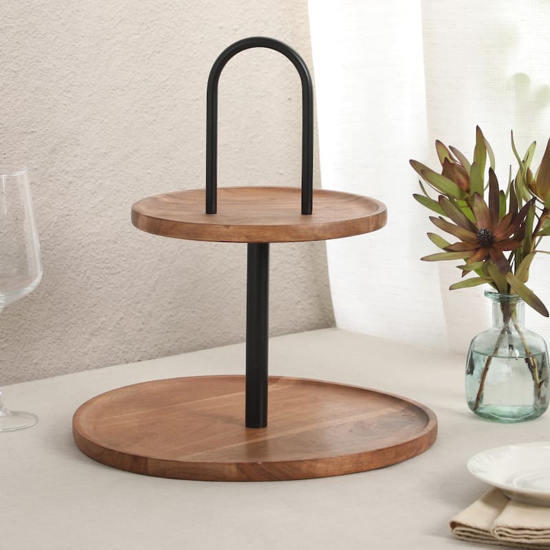 Gibson Home Gracious Dining 2-Tier Round Acacia Wood Serving Tray - 12" x 12" x 13.5"