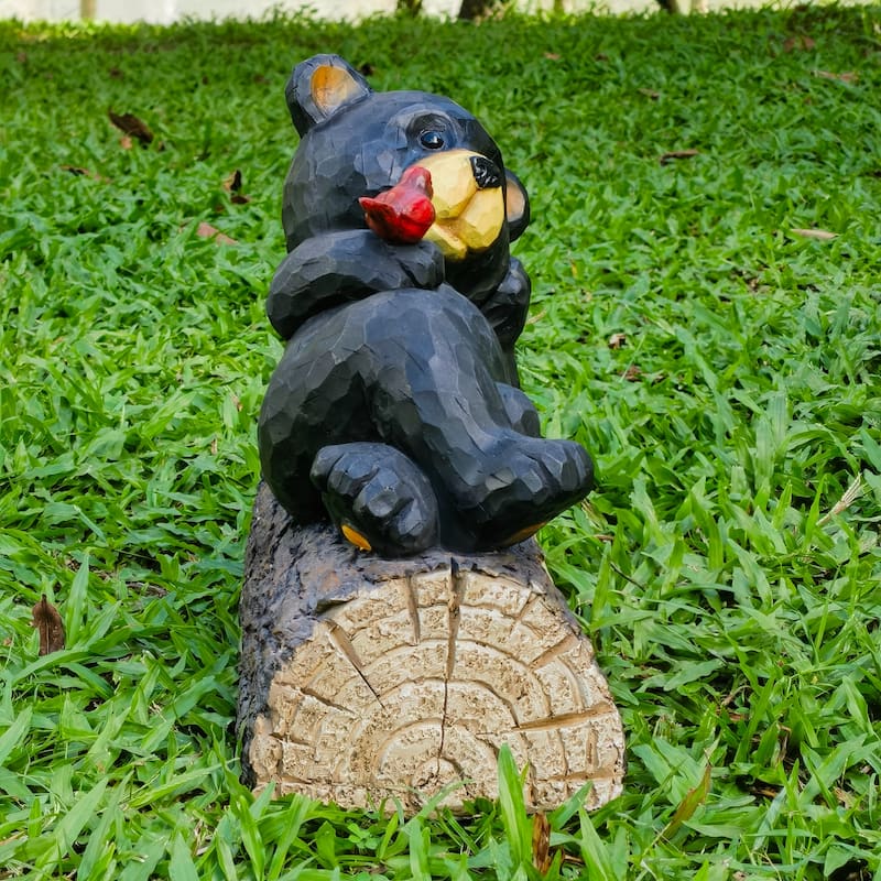 Lying Bear with Cardinal Outdoor Welcome Garden Sign - 13"