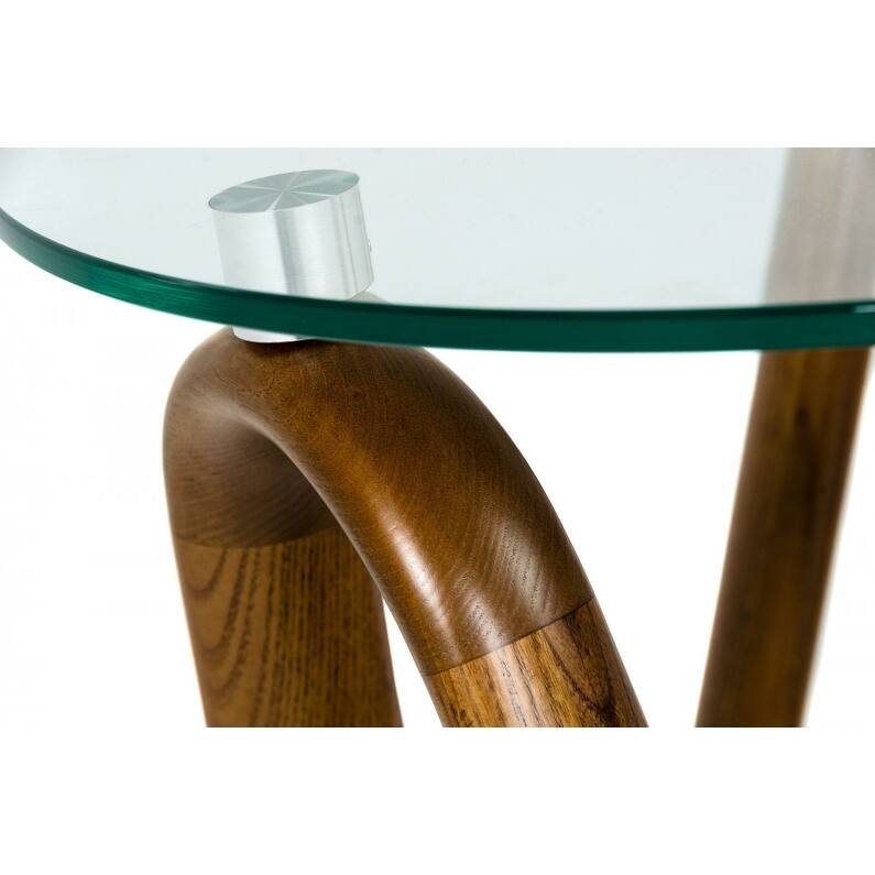 HomeRoots 20" Walnut And Clear Glass Solid Wood Ribbon Base Round End Table - 20' X '20' X '20