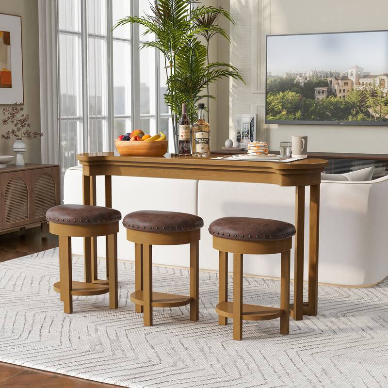 4 Piece Bar Table Set with 3 PU Upholstered Bar Stools, Breakfast Table with 3 Padded Stools Solid Wood Counter Height