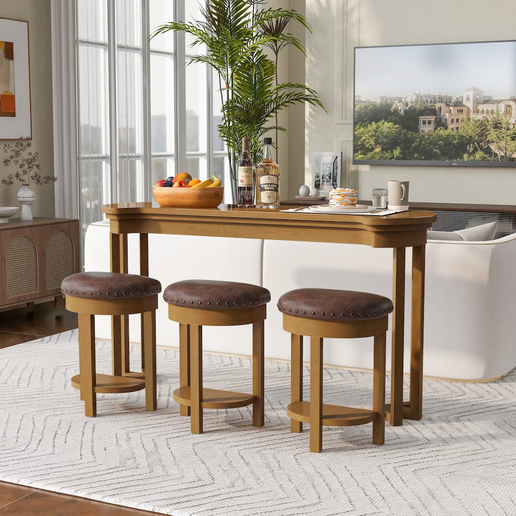 4-Piece Wood Bar Table Set with 3 Stools, Vintage Bar Table Set Natural Bistro Table Set with 3 Backless Stools