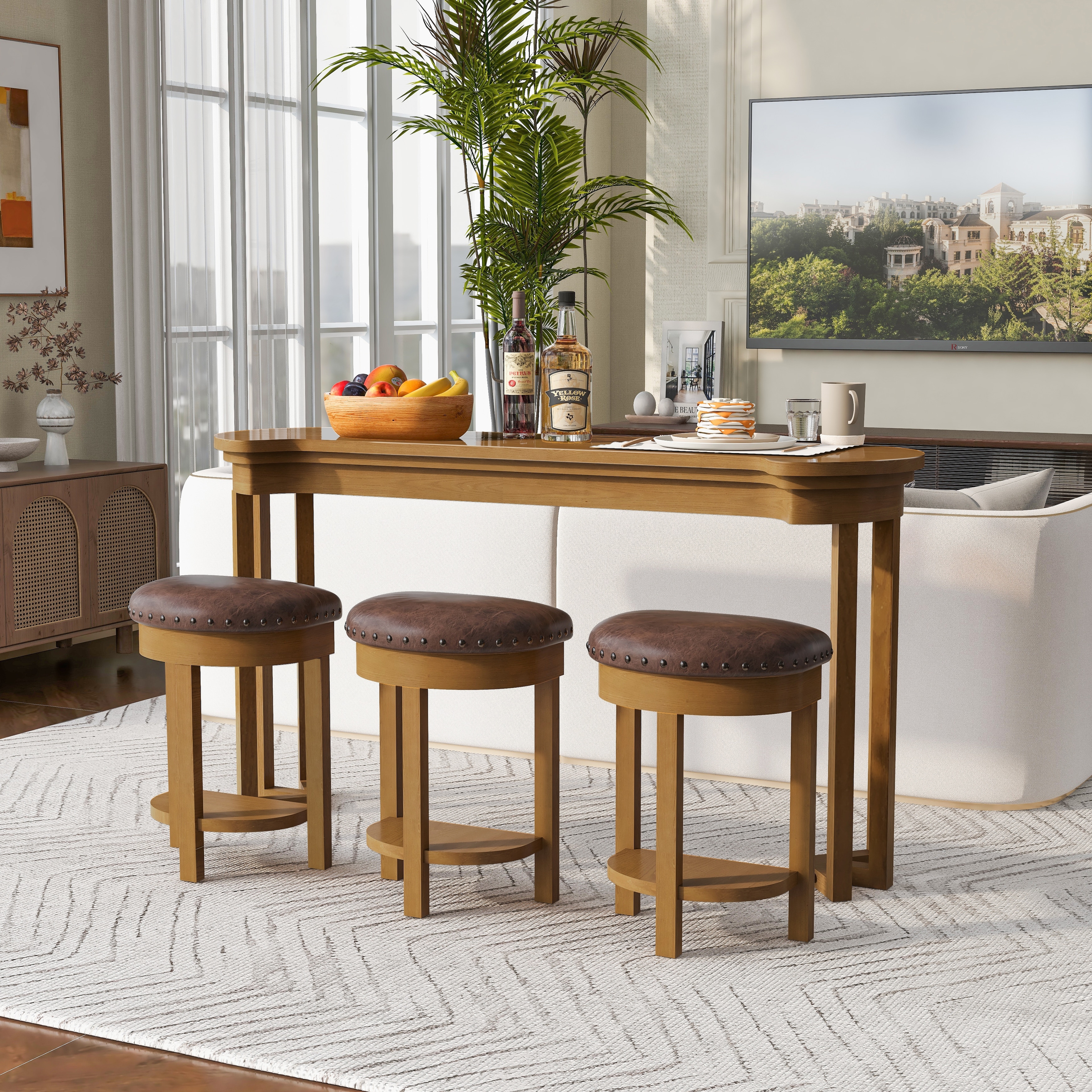 4-Piece Wood Bar Table Set with 3 Stools, Vintage Bar Table Set Natural Bistro Table Set with 3 Backless Stools