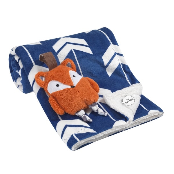 slide 2 of 4, Lambs & Ivy Blue/White Arrow Print Minky Reversible Sherpa Baby Blanket with Fox Stroller Toy