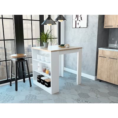 Square White and Pine Kitchen Island with Open Shelves, Spacious Countertop, and Dining Space for Two People
