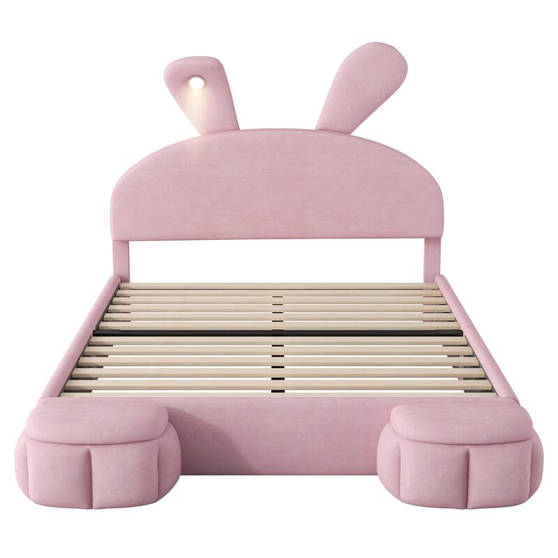 Full Size Velvet Platform Bed with Cartoon Ears Headboard and LED Light(500lbs Capacity)