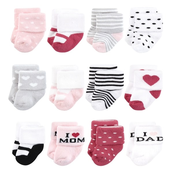 slide 1 of 1, Hudson Baby Infant Girl Cotton Rich Newborn and Terry Socks, Mom and Dad Girl Pink Black Mom and Dad Girl Pink Black 12-Pack - 0-6 Months