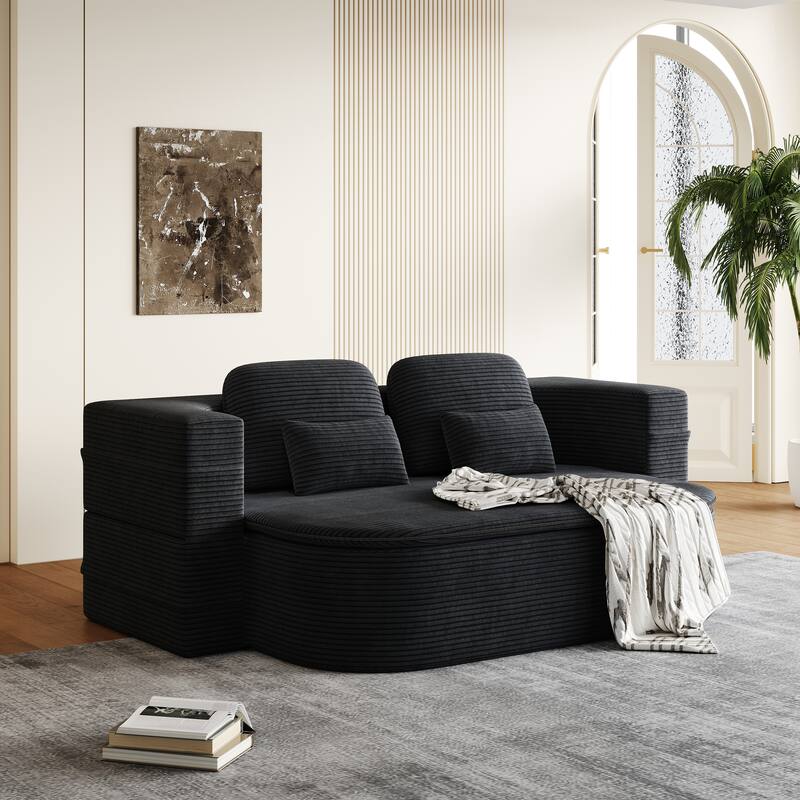 2-in-1 Floor Sleeper Sofa Bed Corduroy Foldable Sofa with Functional Blanket and Pillows for Living Room Bedroom Studio - Black