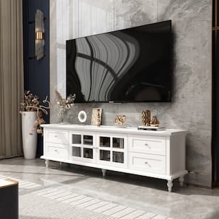 Modern White TV Stand w/Glass Doors and Drawers Entertainment Console - 70.9"