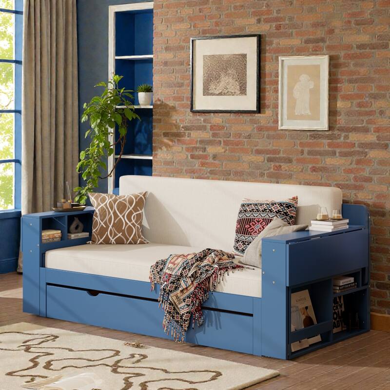 Queen Size 4-in-1 Daybed with Removable Desk, Storage Drawers, Hydraulic Side Tables & Extendable Armrests - Blue - Queen