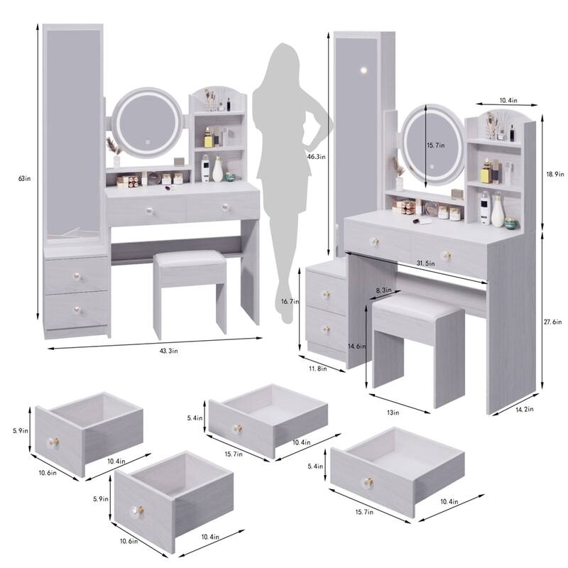 Full Mirror Cabinet + Round Mirror LED Vanity Table + Cushioned Stool