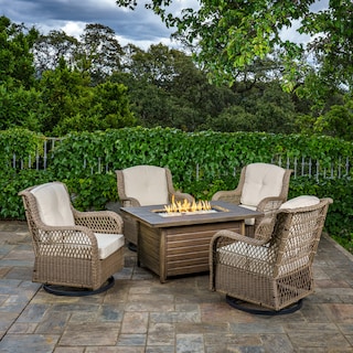 Rio Vista Sandstone Outdoor Wicker Seating Set with Fire Pit Table (5-Piece)