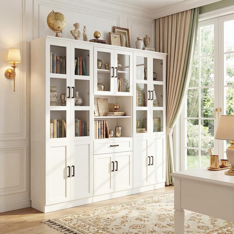 Set of 3 Freestanding Display Bookcase with Glass Doors & Adjustable Shelves & Drawer, for Living Room, Dining Room,Home Office. - White
