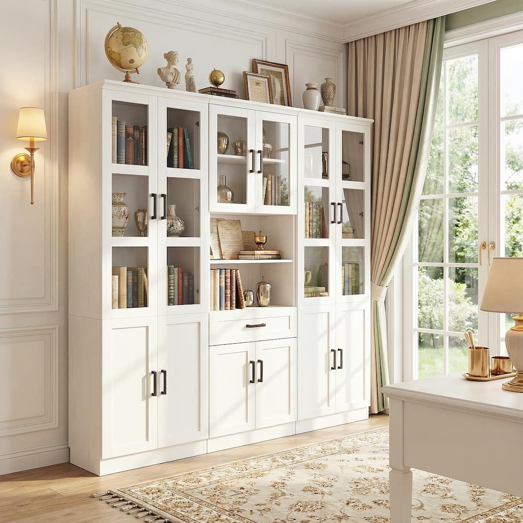Set of 3 Freestanding Display Bookcase with Glass Doors & Adjustable Shelves & Drawer, for Living Room, Dining Room,Home Office.