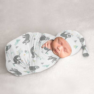 Blue Jungle Sloth Boy or Girl Baby Cocoon and Beanie Hat Sleep Sack - 2pc Set - Turquoise Grey Green Botanical Rainforest Leaf
