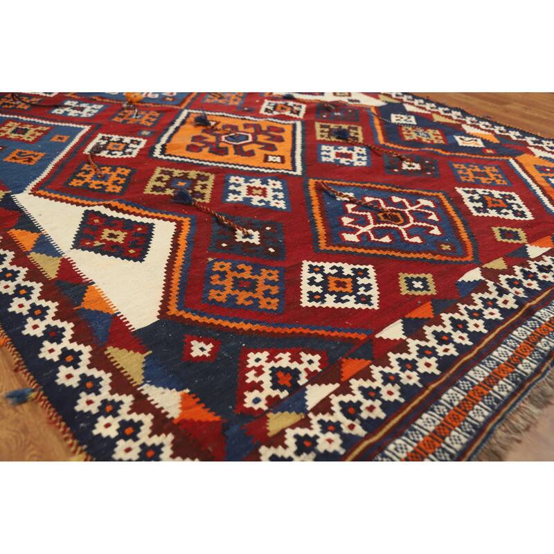 Geometric Kilim Qashqai Persian Vintage Area Rug Handmade Wool Carpet - 5'5" x 8'0" - Red - 5'5" x 8'0"