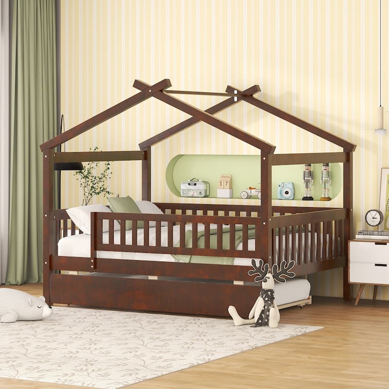 Montessori Bed House Bed with Trundle Bed and Headboard, Wood Daybed Platform Bed Frame No Box Spring Needed for Boys Girls - Walnut - Full