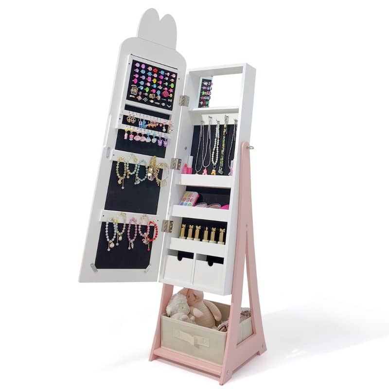 Kids MDF Bunny Jewelry Cabinet In Pink Jewelry Armoire With Mirror, 1 Door And 1 Fabric Drawer