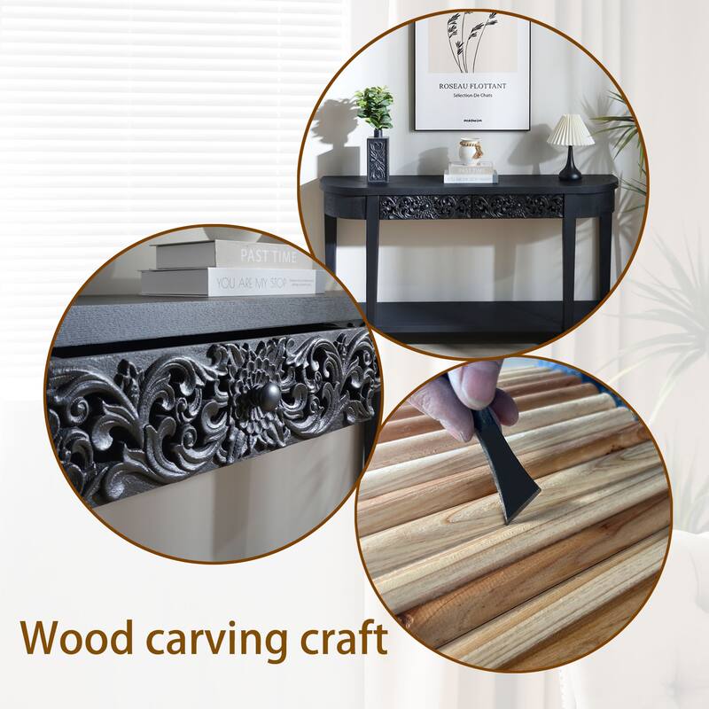 Elegant Accent Table Black Carved Wooden Console Table with Lower Storage Shelf and 2 Drawers for Entryway Living Room Hallway