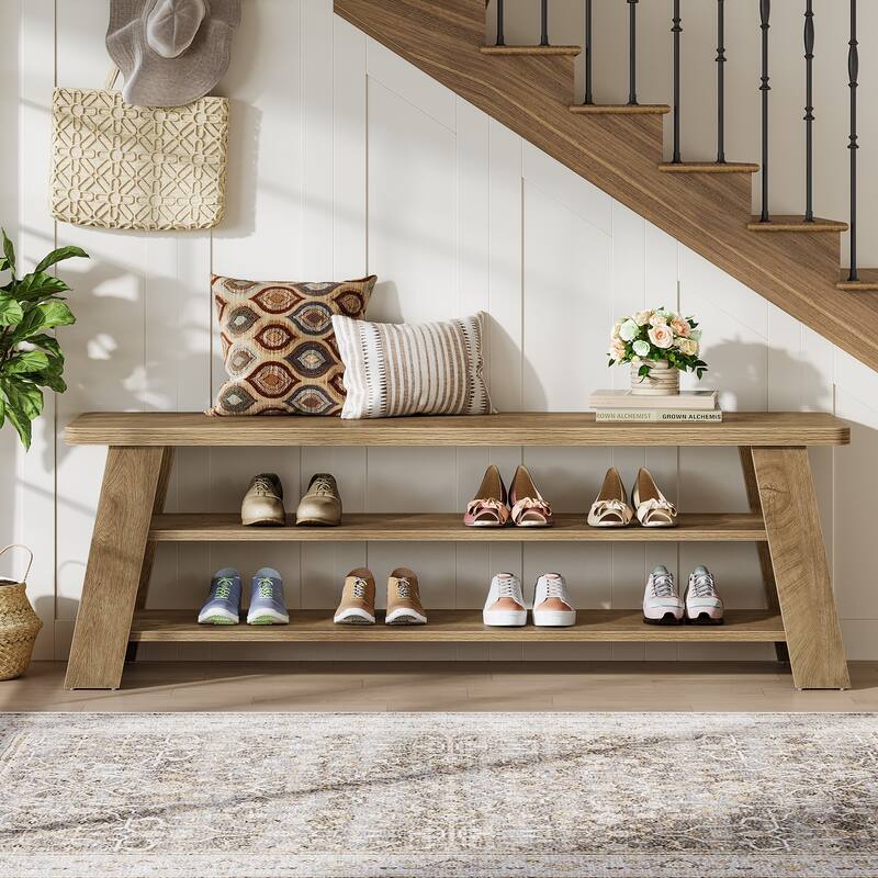Entryway Shoe Bench with Storage Shelf, Dining Bench, Wooden End of Bed Bench for Bedroom, Living Room, Mudroom, Hallway, Foyer