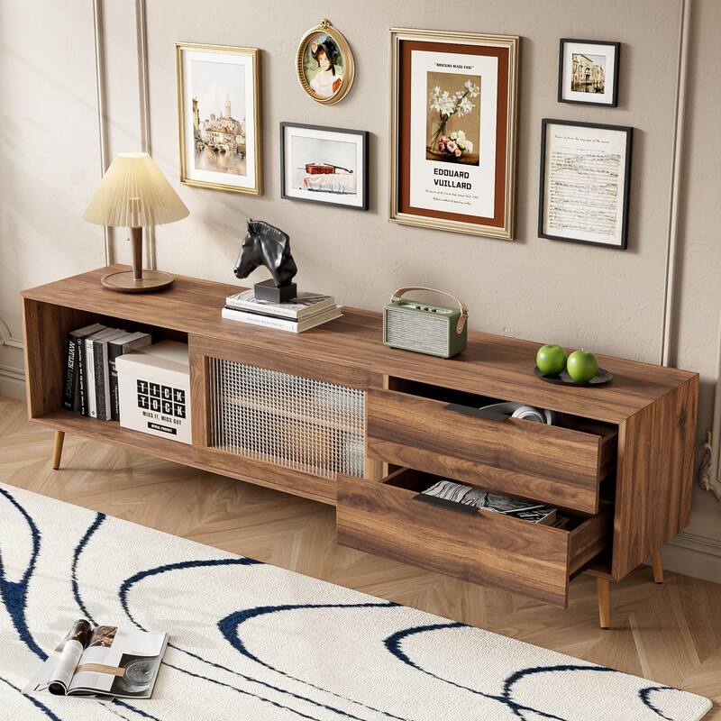Modern TV Stand Media Console, for 75"+ TVs with 2 Glass Doors, 2 Drawers and Storage Cabinet, for Living Room, Bedroom