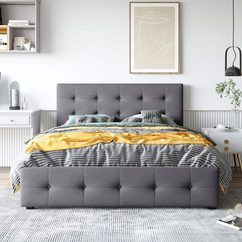Dark Grey Tufted Design Upholstered Bed Queen Size Platform Bed with 4 Storage Drawers, No Box Spring Needed Slats Bed Frame