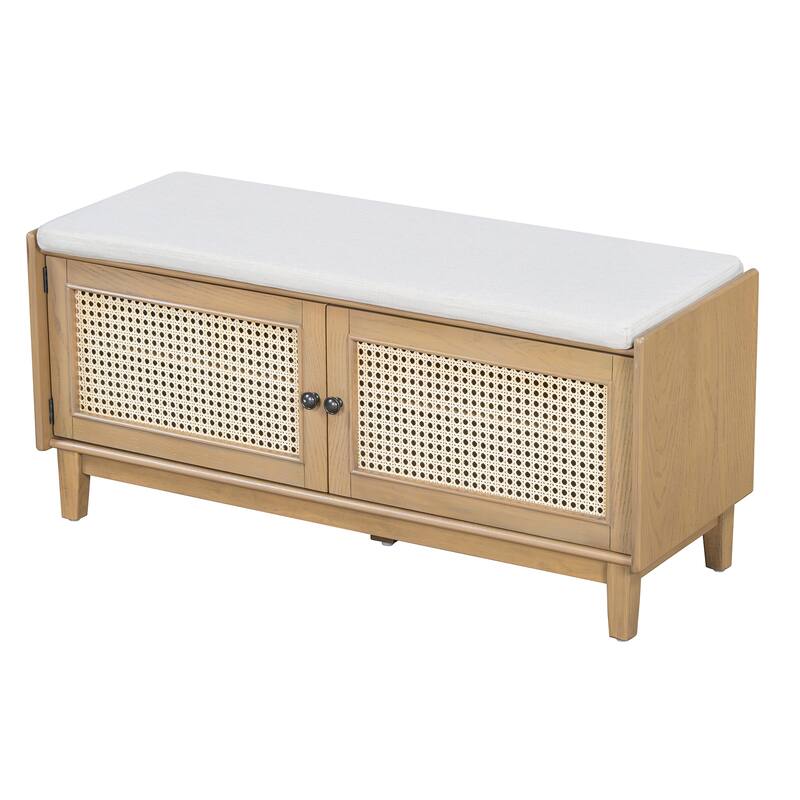 Boho Rattan Entryway Storage Bench with Double Doors