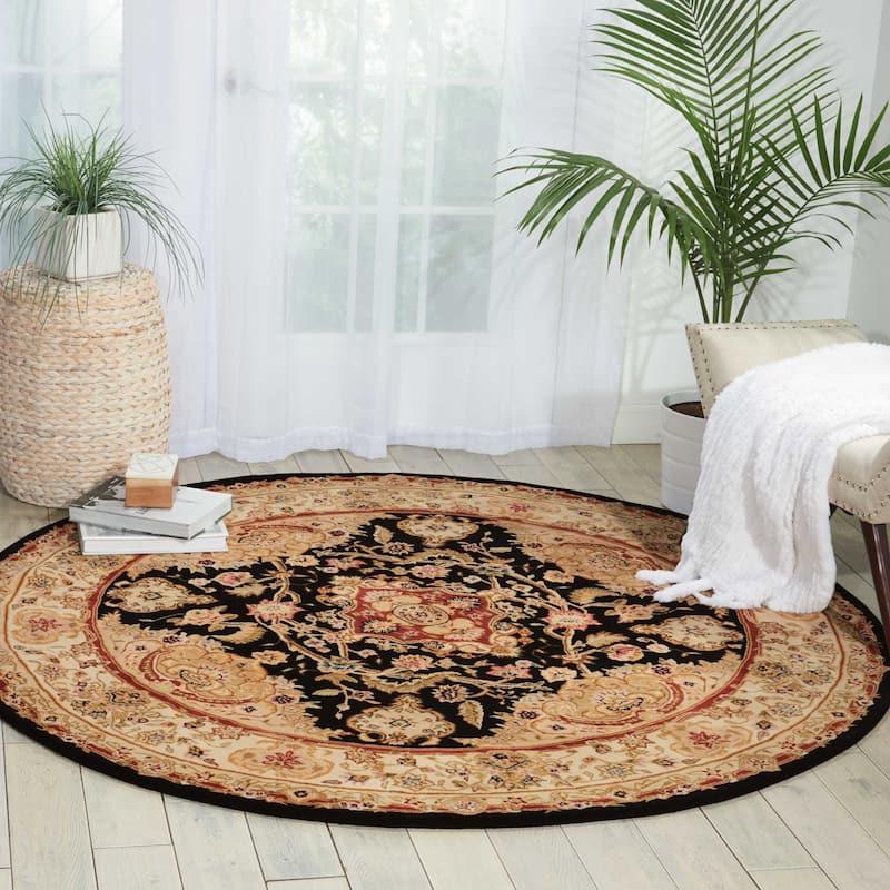 Nourison Hand-tufted Traditional Persian Wool Silk Area Rug - 8' Round - Black - Runner/Round