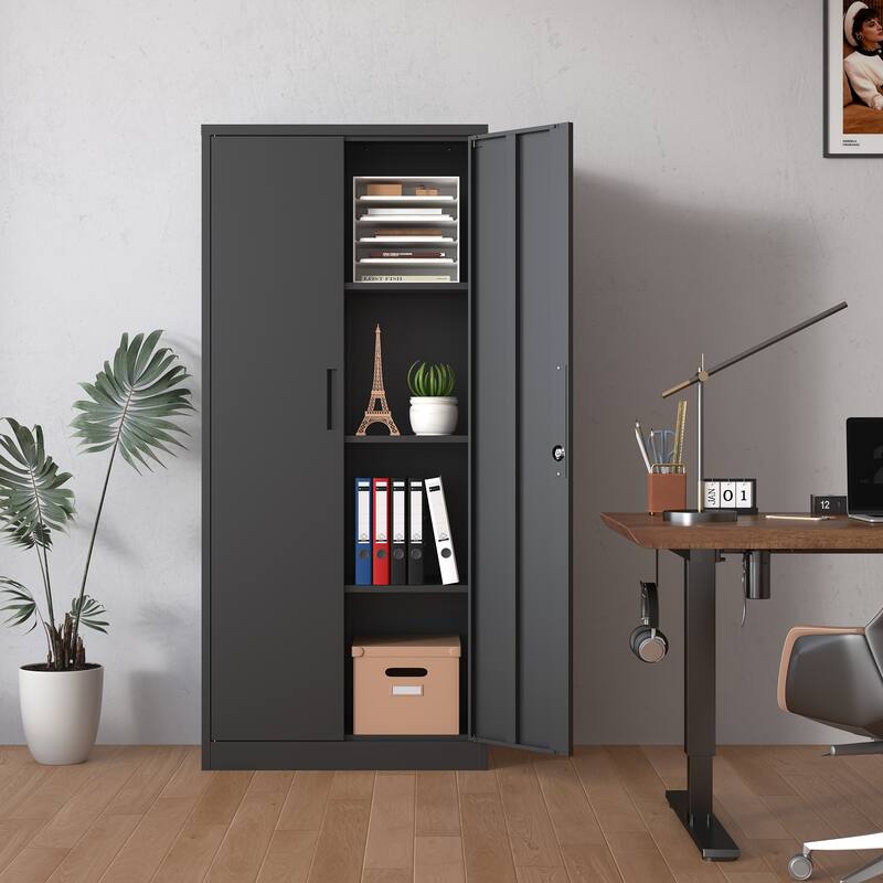 Modern Filing Cabinet, Garage Storage Cabinet with Doors and 3 Adjustable Shelves, for Home Office, Classroom/Pantry - Black