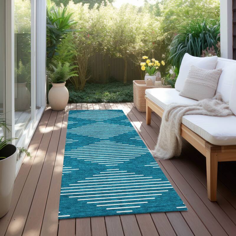 Machine Washable Indoor/ Outdoor Modern Stripe Chantille Rug - Teal - 2'3" x 7'6"