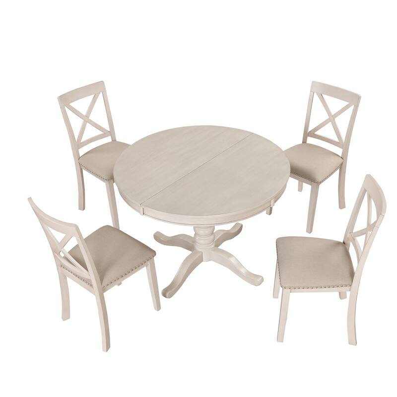 5 PCS Modern Solid Wood Round Extendable Dining Table Set with Chairs