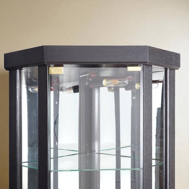 Lighted Corner Curio Cabinet with Glass Doors, Adjustable Shelves & Mirrored Back, Elegant Display Case for Wine