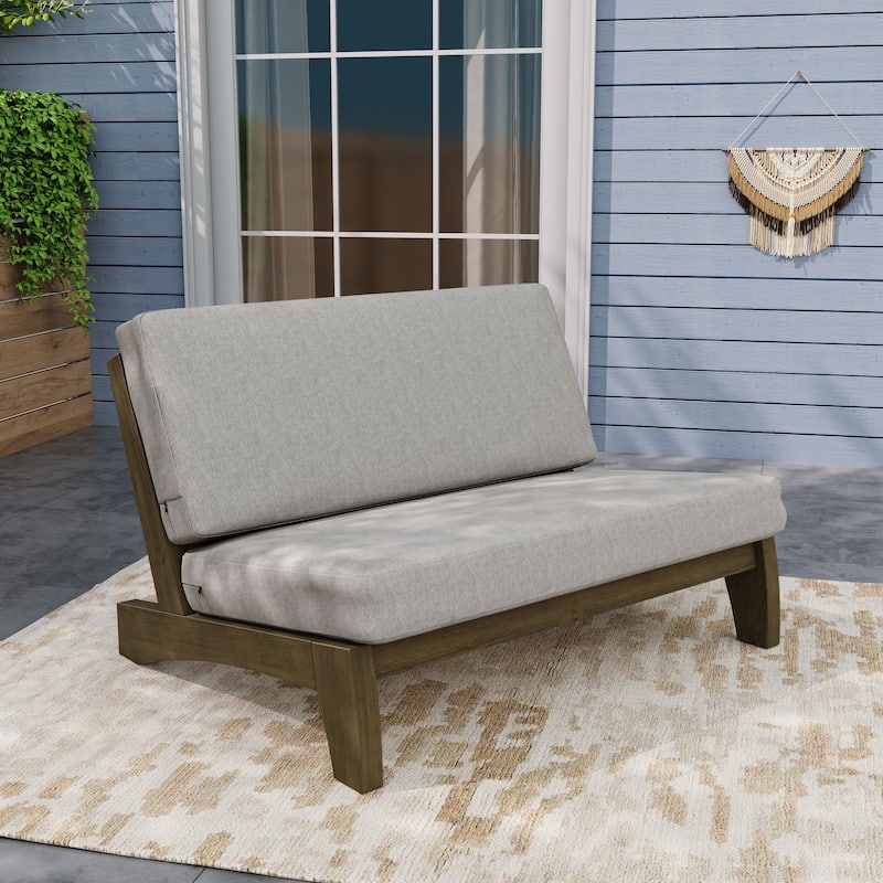 Outdoor Teak Wood Armless Lounge Chair Set Loveseat with Cushions - Loveseat whole cushion - Light Camel