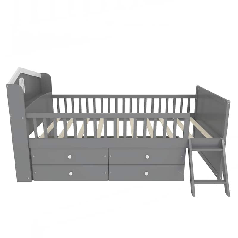 Twin Bed Frame with Storage 4 Drawers,Wooden Bed Frame for Kids,Platform Twin Size Bed with Guardrail Headboard