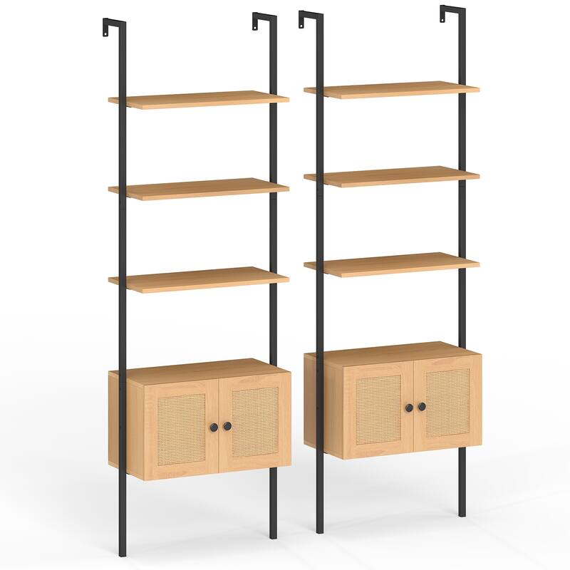 Gymax 2 PCS Wall-Mounted Ladder Shelf 5-tier Bookshelf w/ Rattan-Door