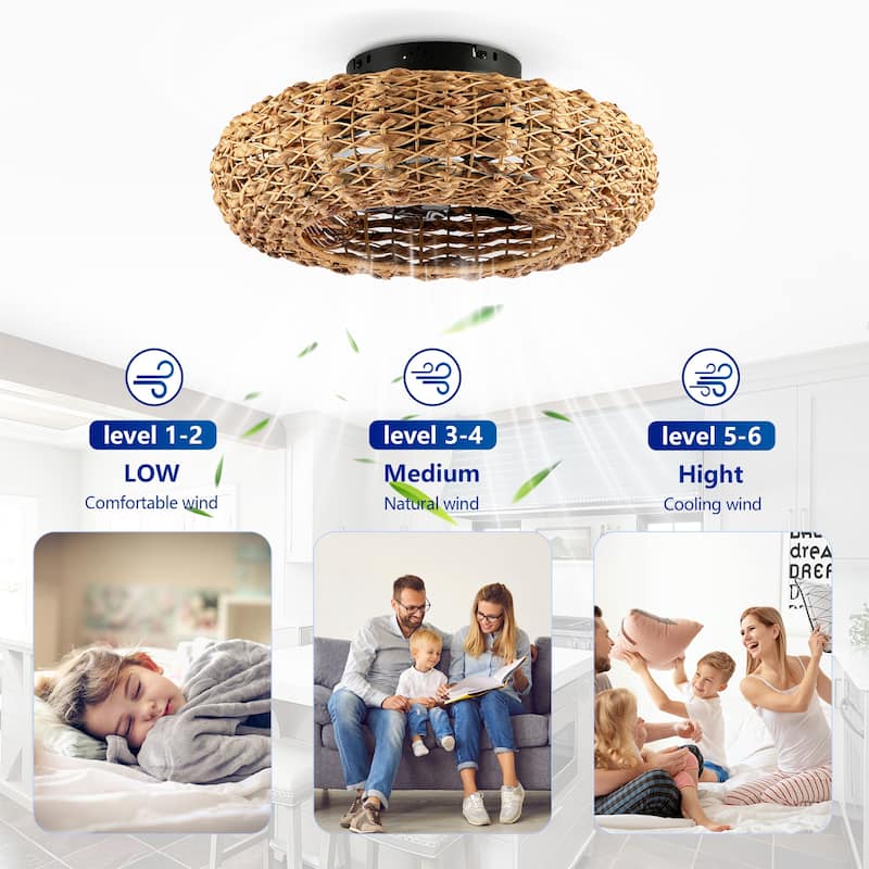 20 inch Flush Mount Ceiling Fan Light with Remote Caged Farmhouse Fandelier Black Wood Low Profile