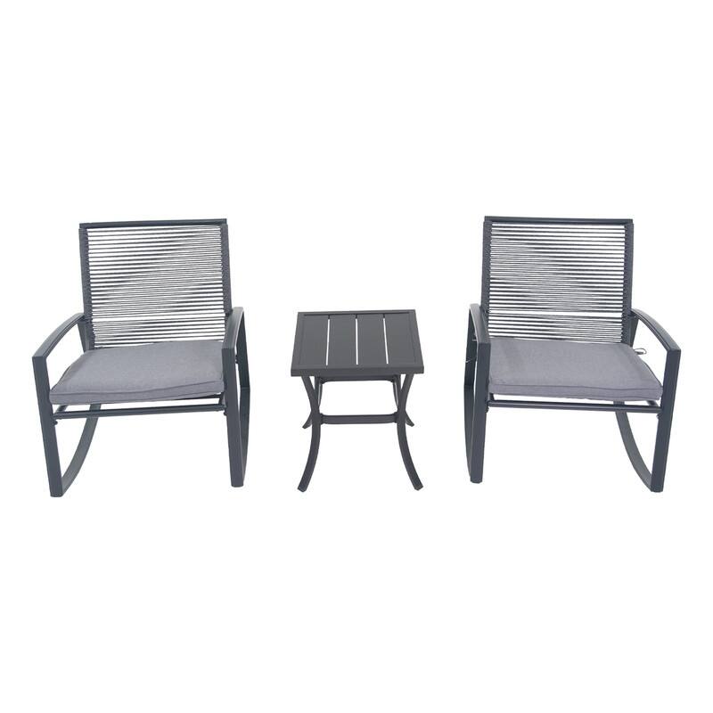Domi Outdoor 3-Piece Wicker Rocking Chair Set, Patio Conversation Set with Removable Textilene Cushions & Metal Coffee Table