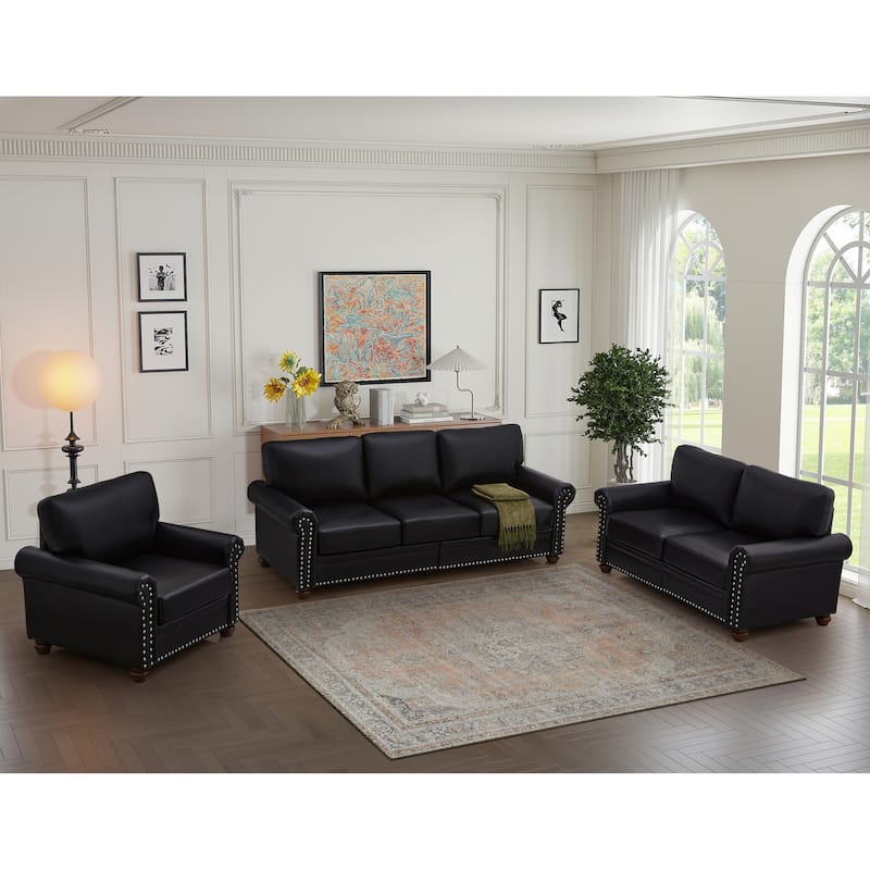 3-Piece Living Room Sets Faux Leather Sectional Sofa with Storage