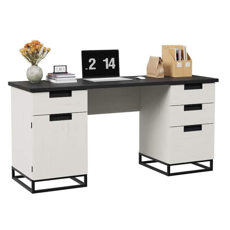 59" Farmhouse Executive Desk, Home Office Desk with File Drawer and Storage Cabinet - Black
